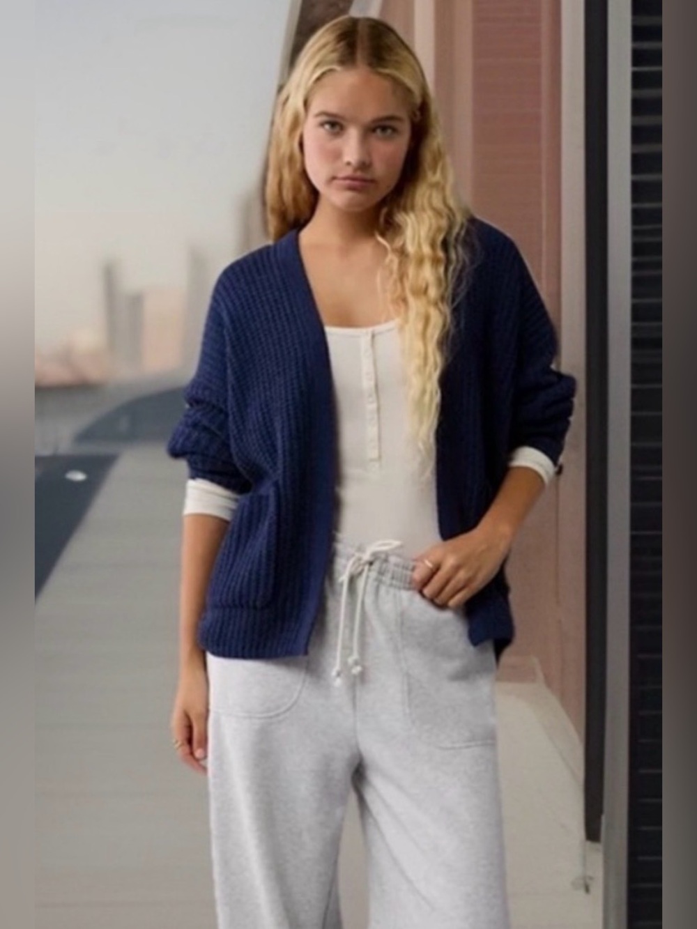 American Eagle Sweater Women XS Navy Blue Open Front Oversized Knit Cardigan